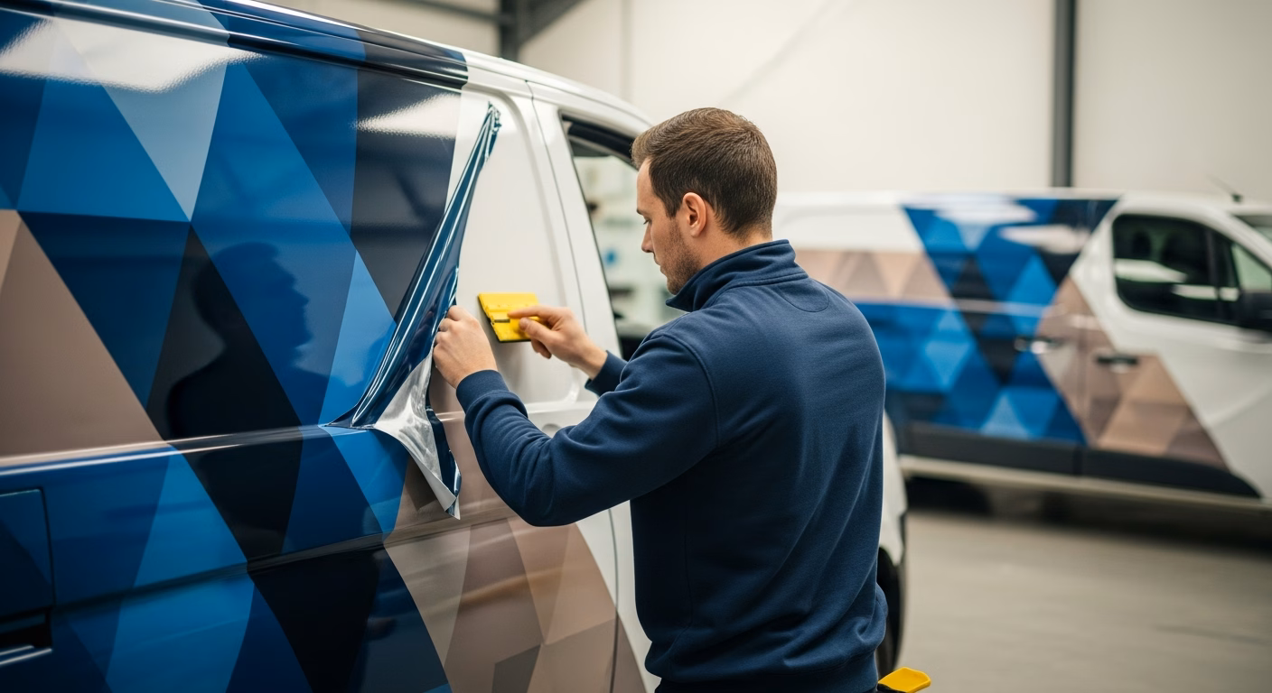 Custom vehicle wraps in production, with a fitter applying printed vinyl film to the side panel of a van in a workshop