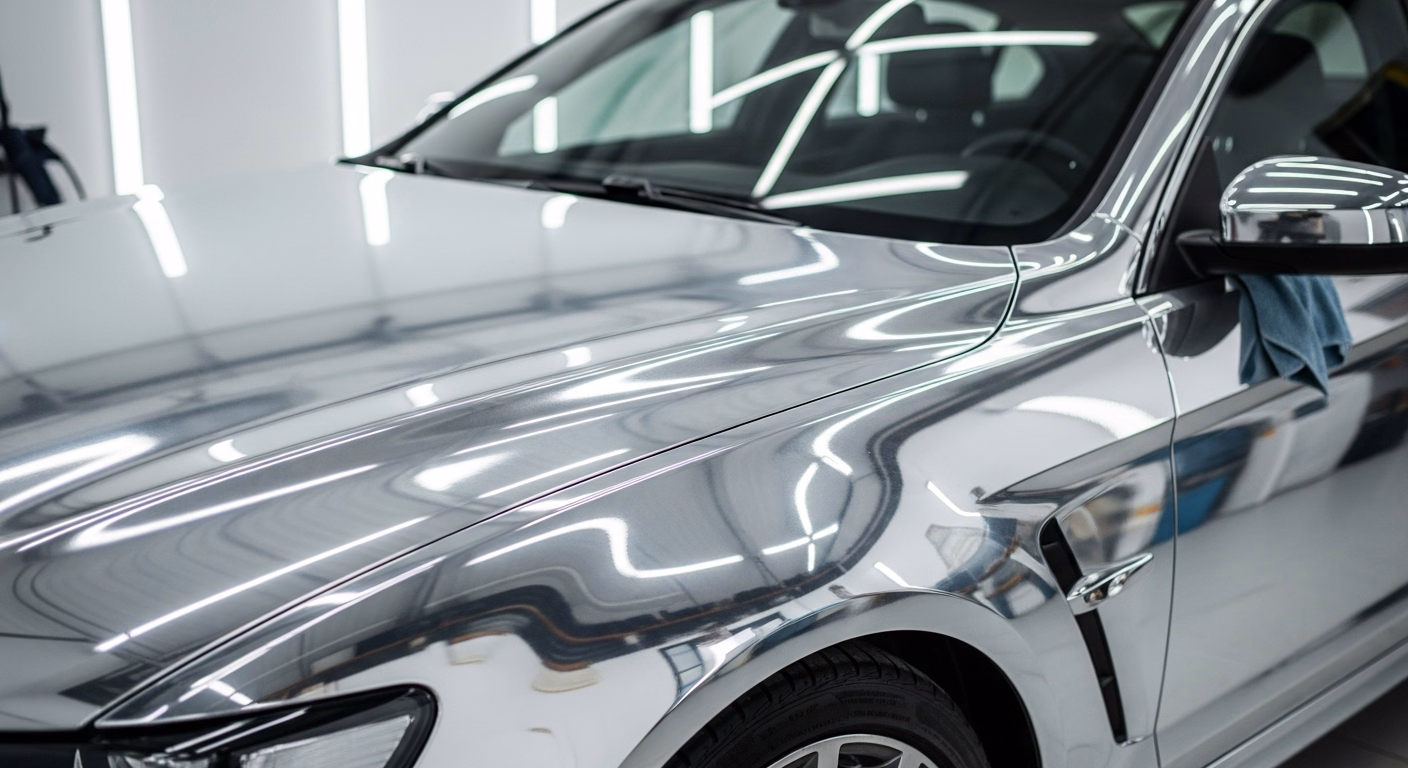 Mirror chrome vehicle wrap on the bonnet and front wing of a generic saloon under studio lighting in a detailing workshop