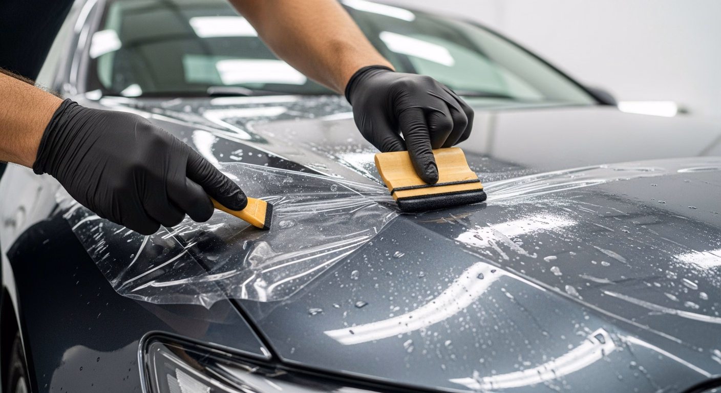 Pose d'un film de protection transparent sur le capot d'une voiture en atelier, illustrant le covering de protection.