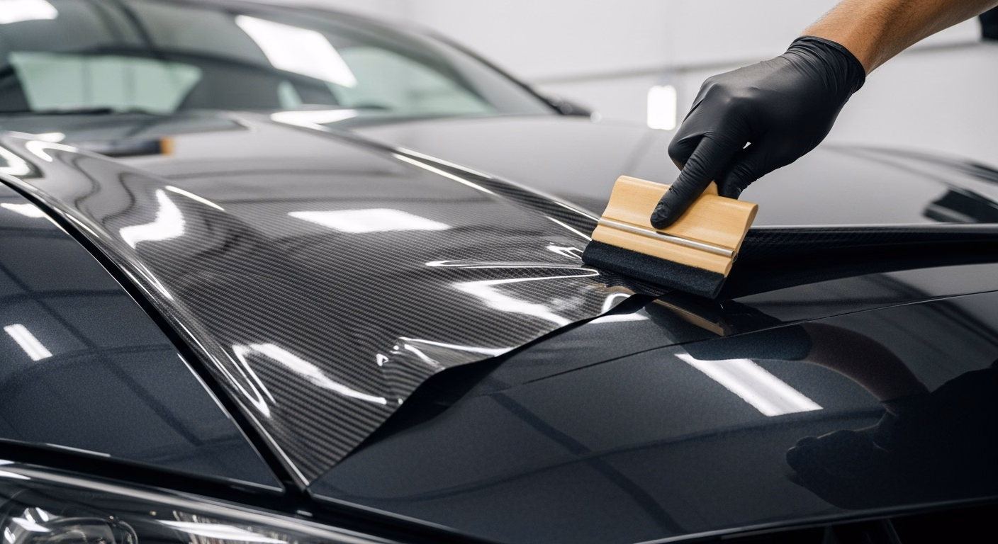 Textured carbon fibre vehicle wrap being applied to the bonnet of a dark sports car in a professional wrapping studio