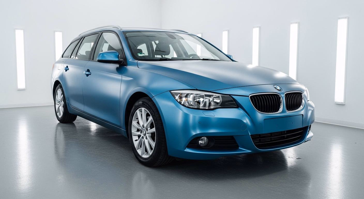 Generic estate car covered by a full vehicle wrap in satin blue vinyl, photographed in a professional fitting studio