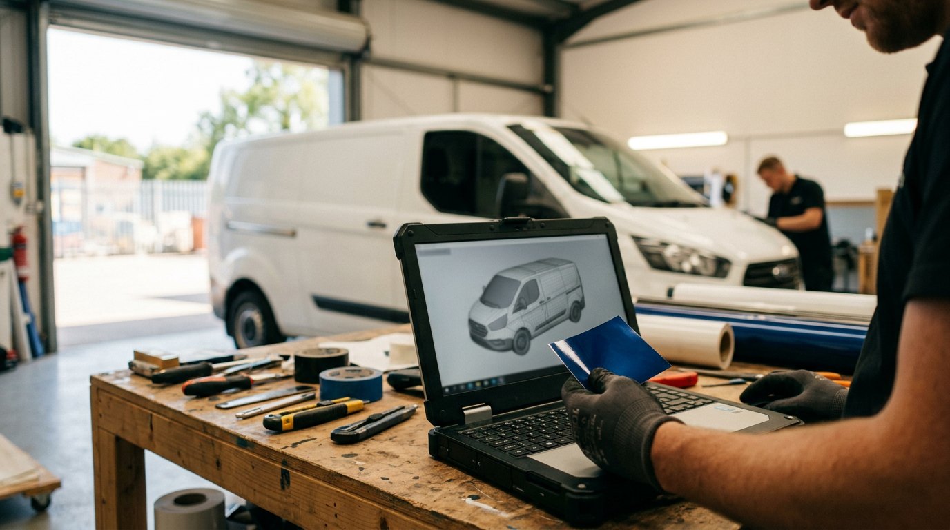 Technician comparing a physical vinyl swatch with a 3D van render on a laptop in a wrap workshop