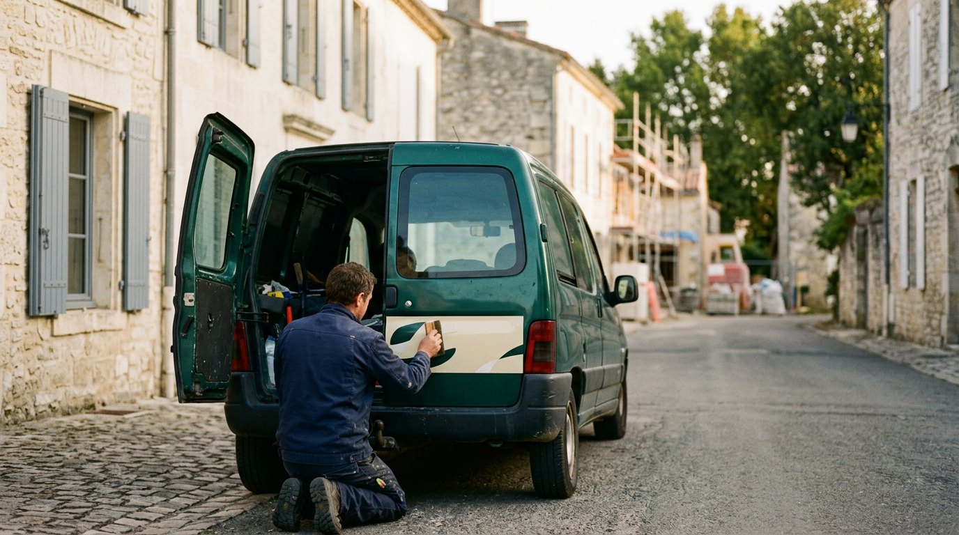 Marquage d'un véhicule utilitaire vert : un artisan pose à la raclette une bande adhésive sur la porte arrière, dans une rue de village