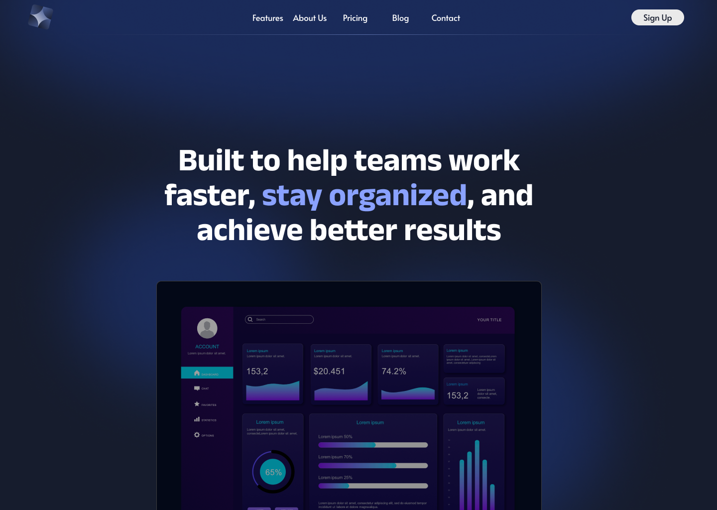Dashboard interface with charts and stats under text promoting team work and organization.