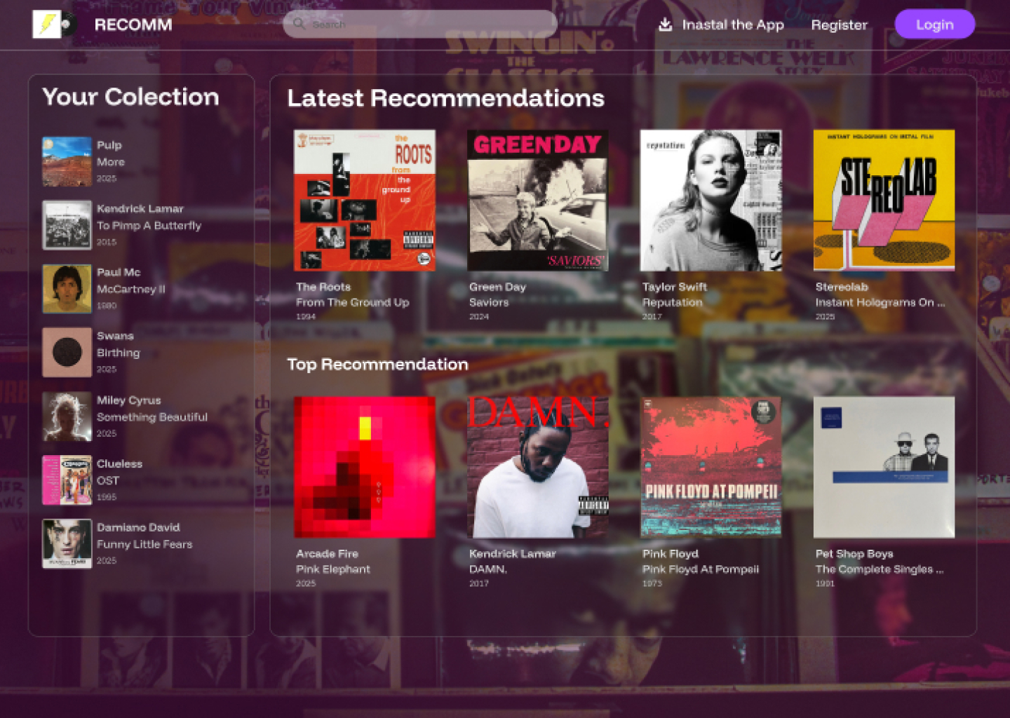 Music app interface showing user collection and latest album recommendations with covers and titles.