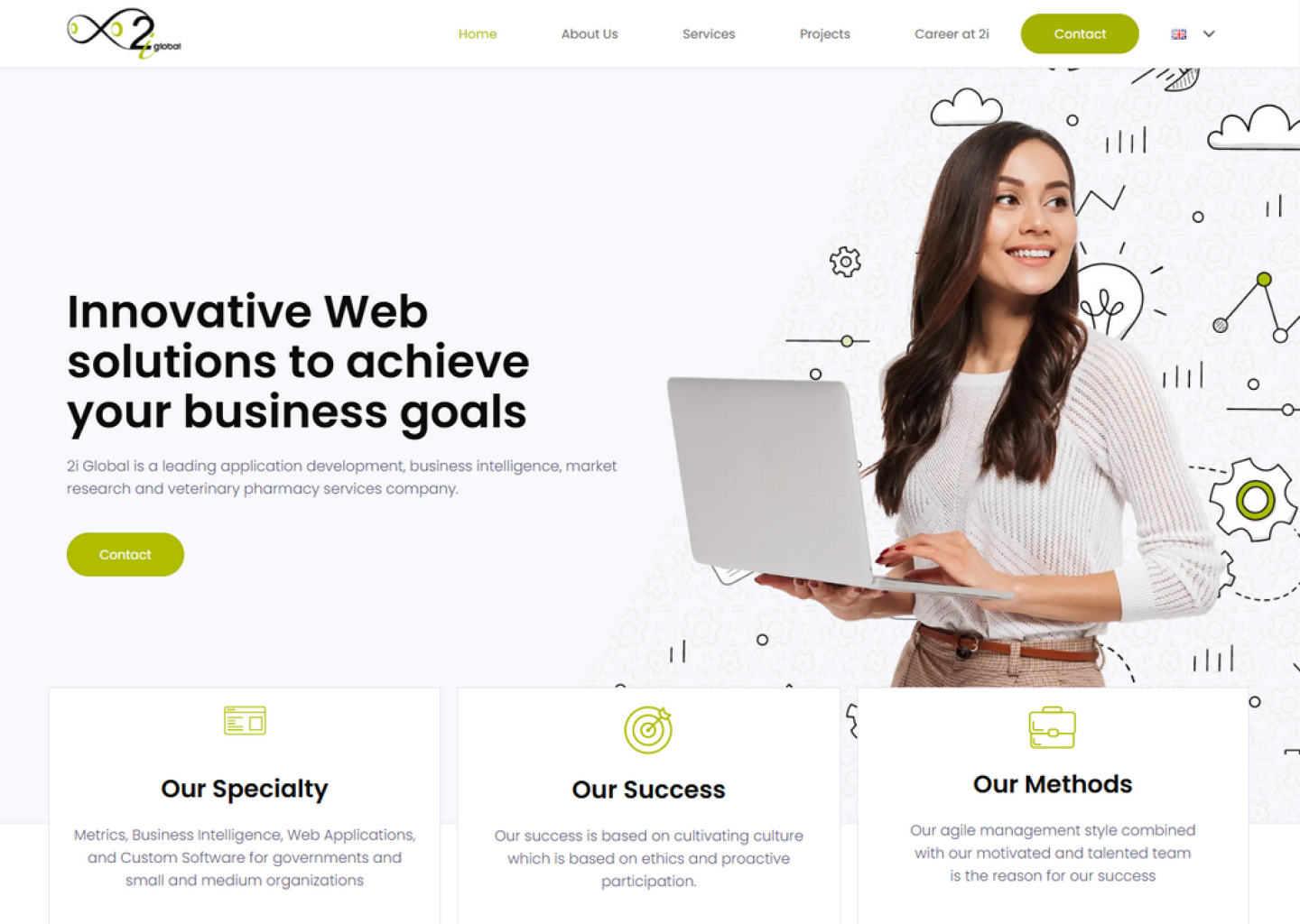 Smiling woman holding laptop with business icons behind, text about innovative web solutions and company services.