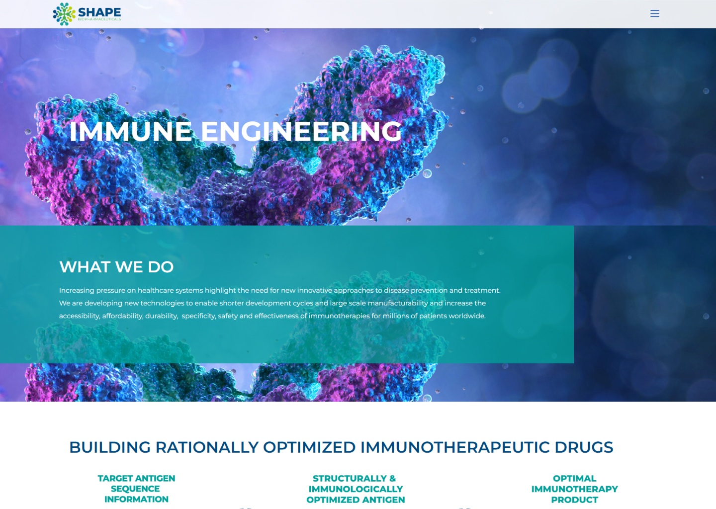 Colorful 3D molecular structure with text about immune engineering and immunotherapy drug optimization.