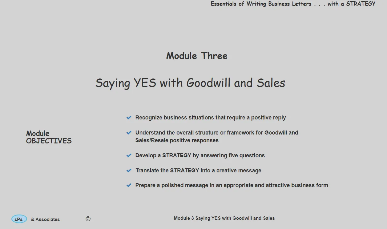 Slide titled Module Three Saying YES with Goodwill and Sales with five listed objectives.