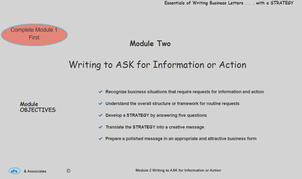 Slide titled Module Two Writing to Ask for Information or Action with five business letter objectives.
