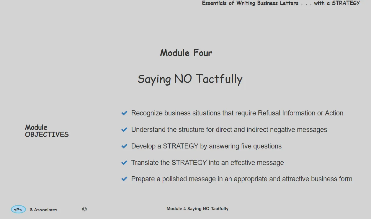 Slide titled Module Four 'Saying NO Tactfully' with objectives on handling refusal in business messages.