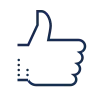 Outline of a thumbs-up hand icon in blue on white background.