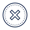 Dark blue circle with a bold X in the center and dotted border on white background.