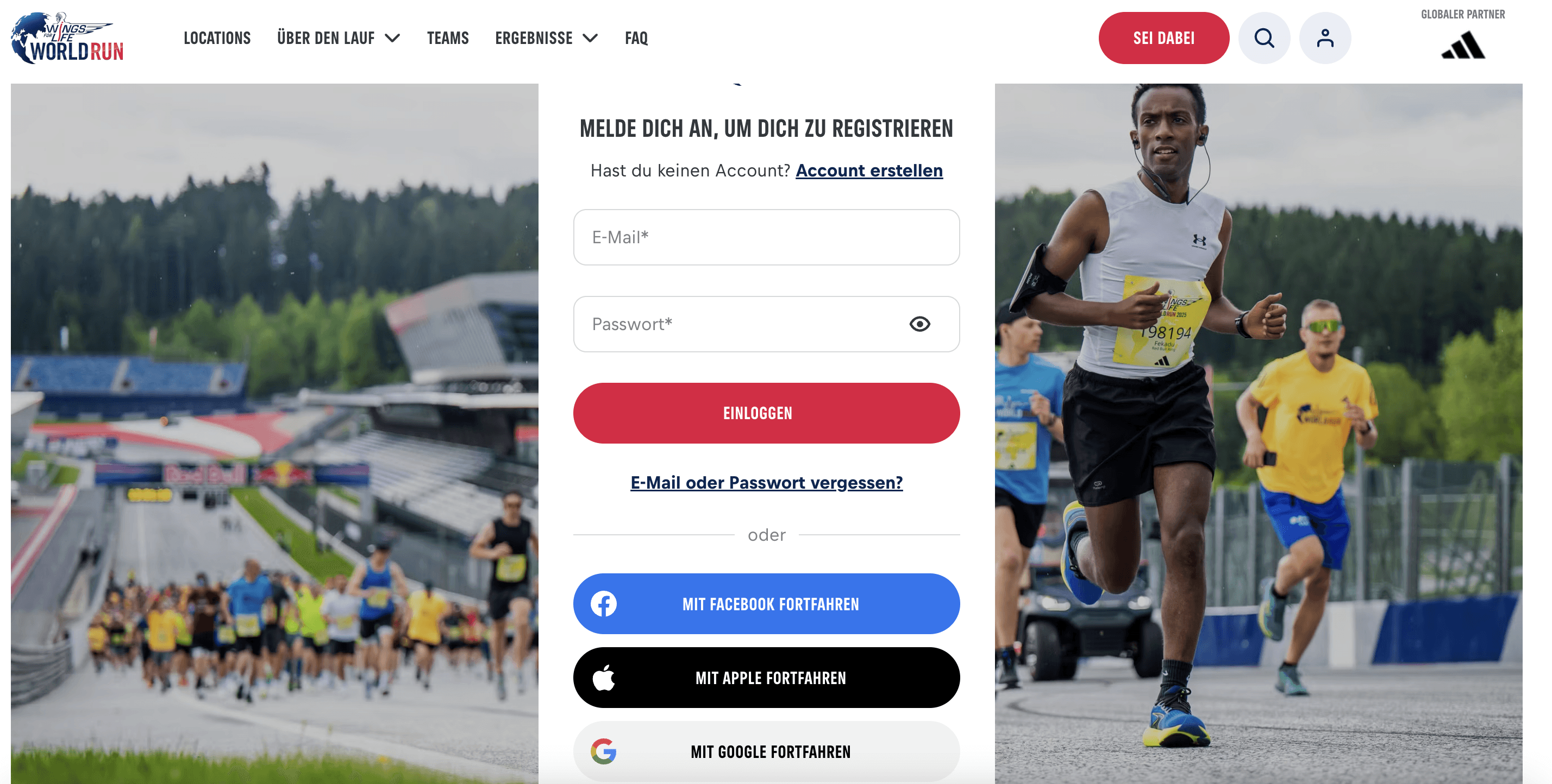 Wings for Life Website Screenshot Anmeldemaske