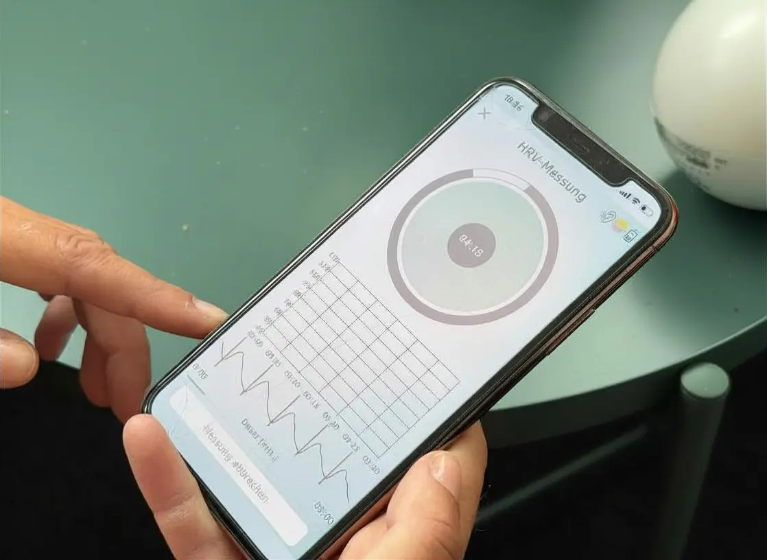 Nahaufnahme der HRV-Messung: Herzfrequenz-Verlauf und Timer in der App, Sensorkugel im Hintergrund.