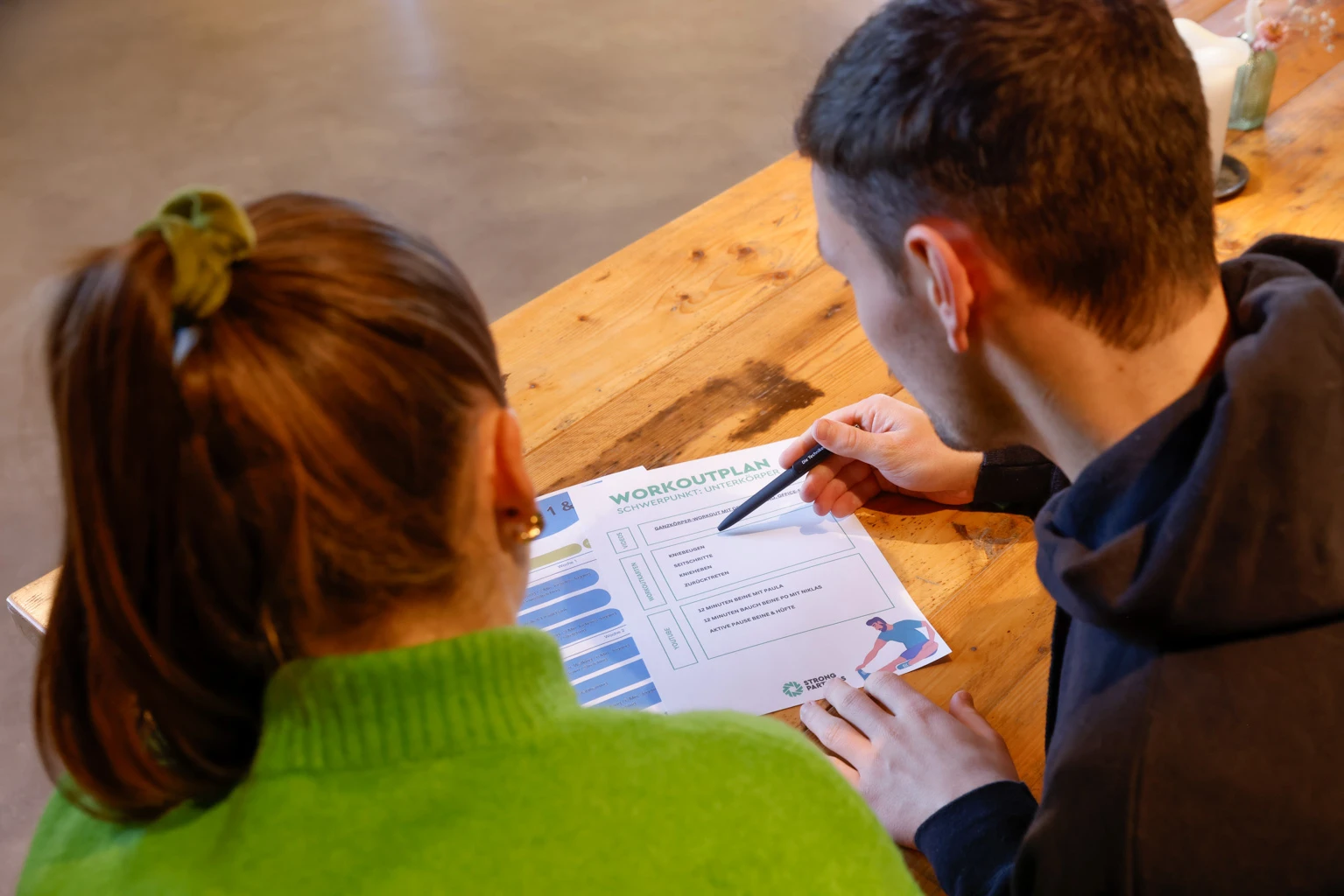 Strong Partners Coaches beim Zusammenstellen von Übungen und Themen auf dem Papier