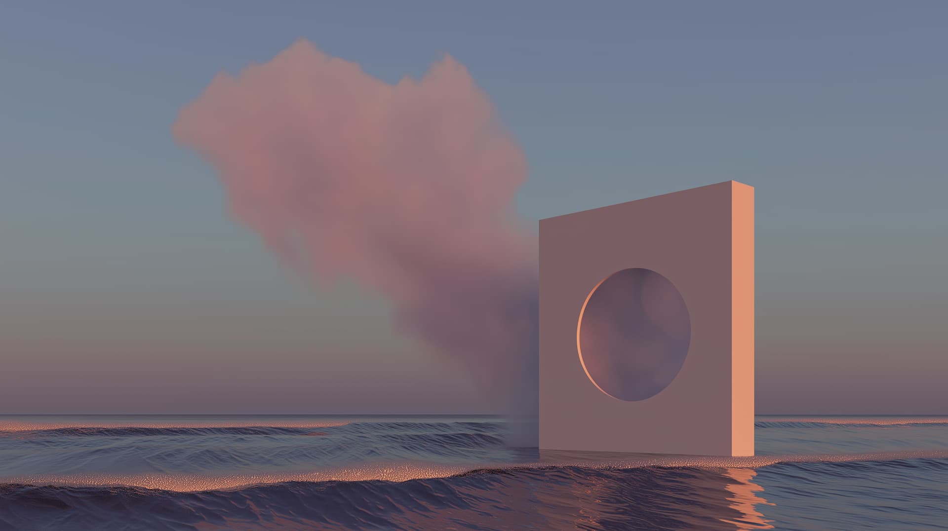 Paysage surréaliste généré par IA — Monolithe rose au bord de la mer, Maison Septembre
