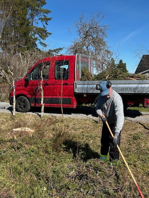 Mann med grå genser, blå caps og hørselvern jobber med rive i en hage foran en rød pickup i solfylt vær.