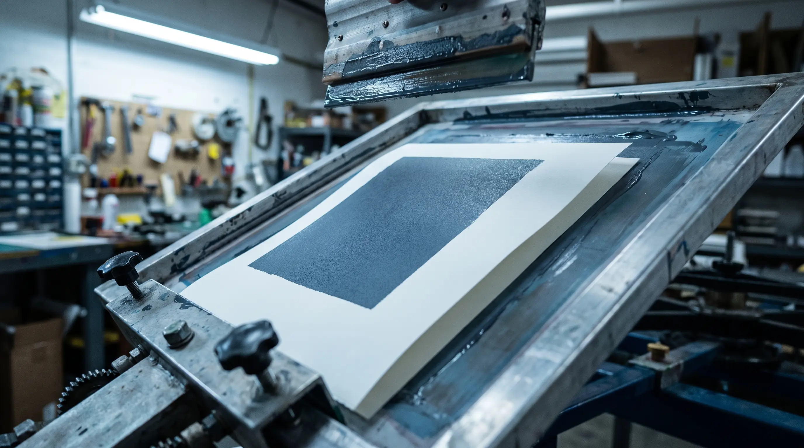 An industrial screen printing press running a solid-color graphic in a commercial print shop.