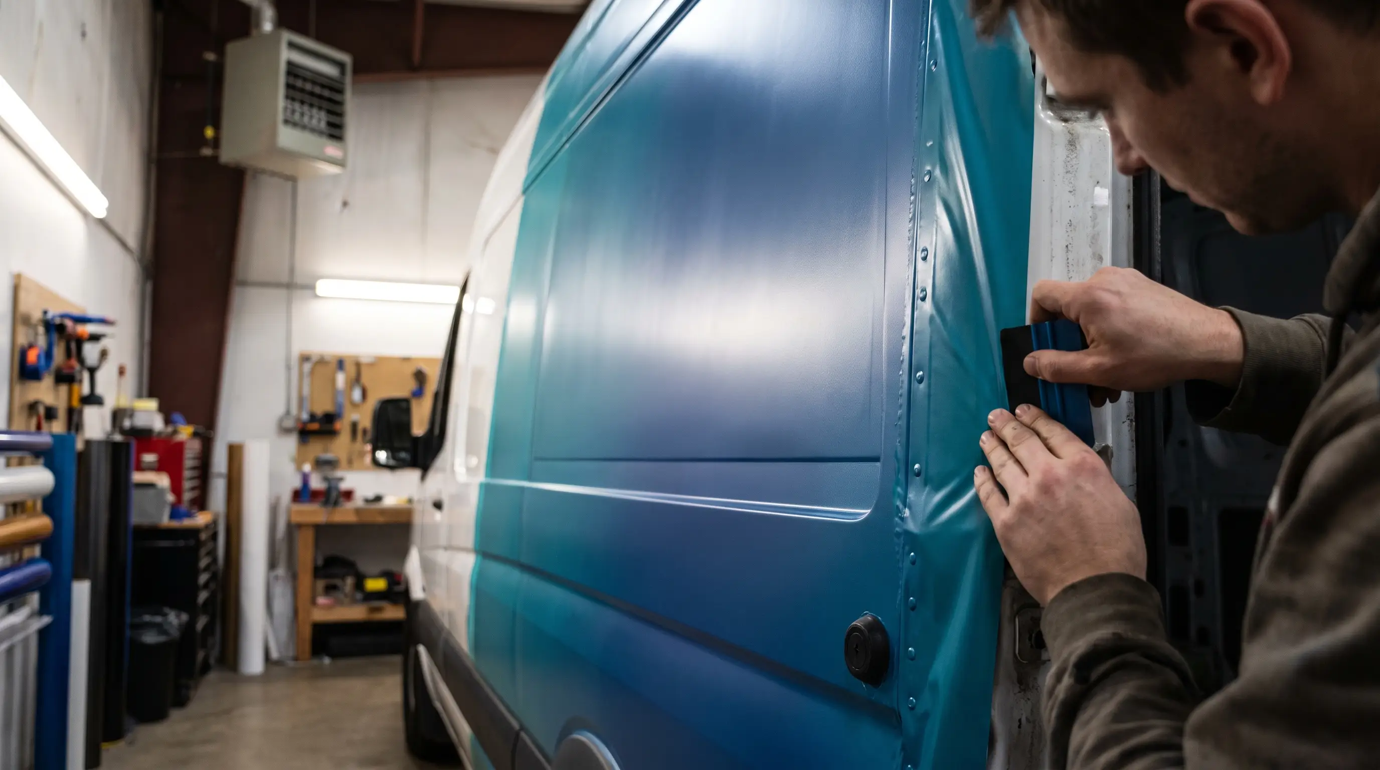 An installer applying vinyl wrap film by hand to the curved panel of a commercial fleet van.