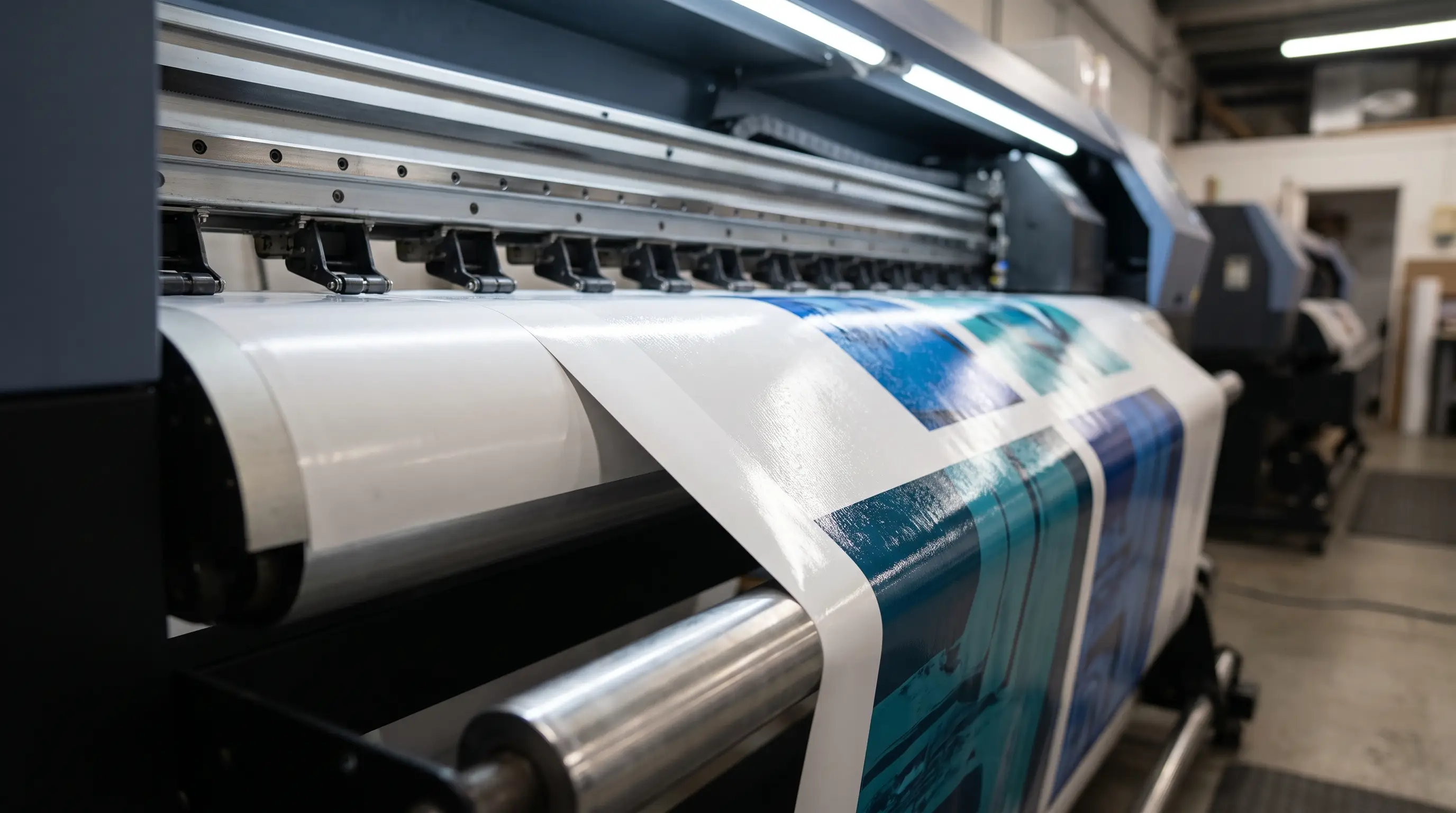A wide-format roll-to-roll printer feeding flexible vinyl media through the press.