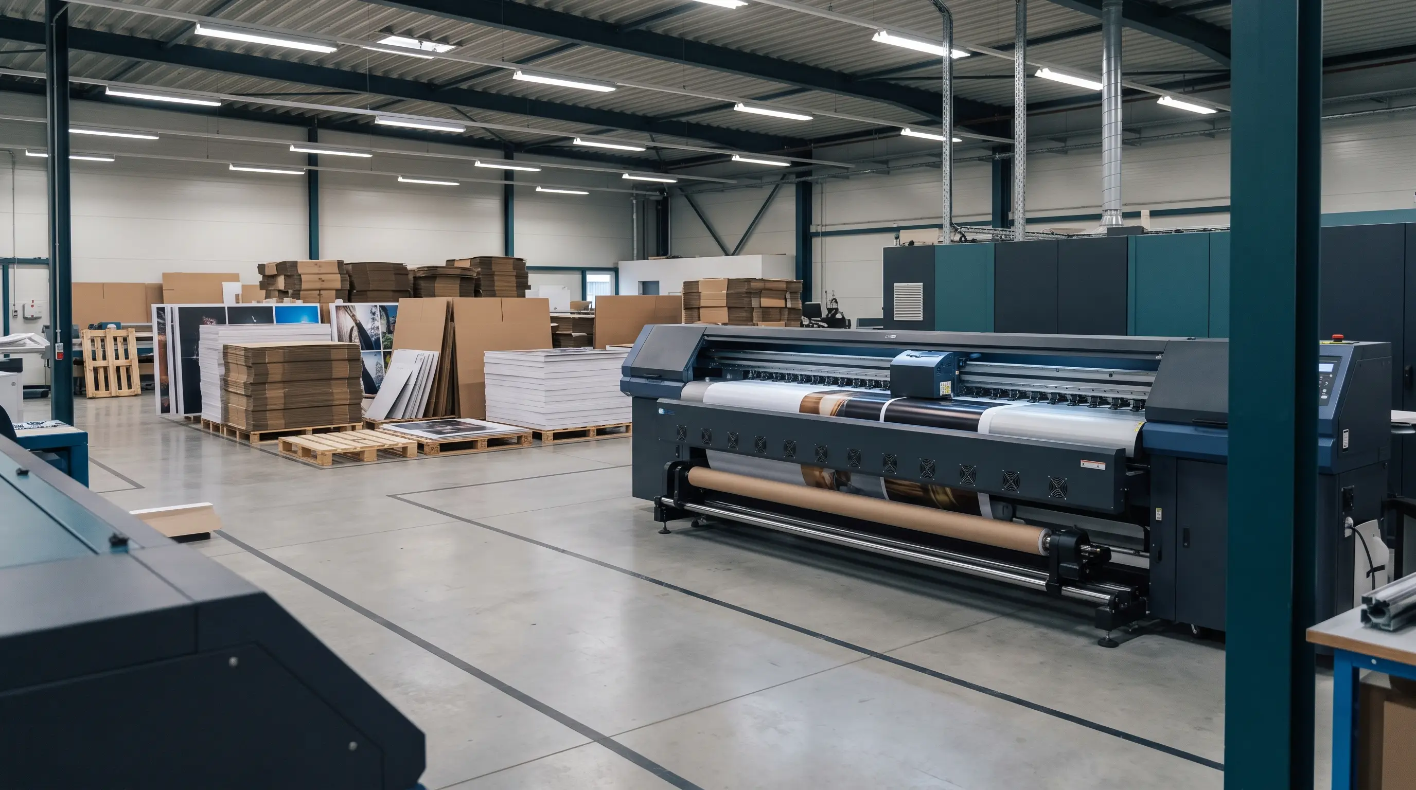 A commercial graphics production floor with a wide-format digital press and finished panels staged for shipment.
