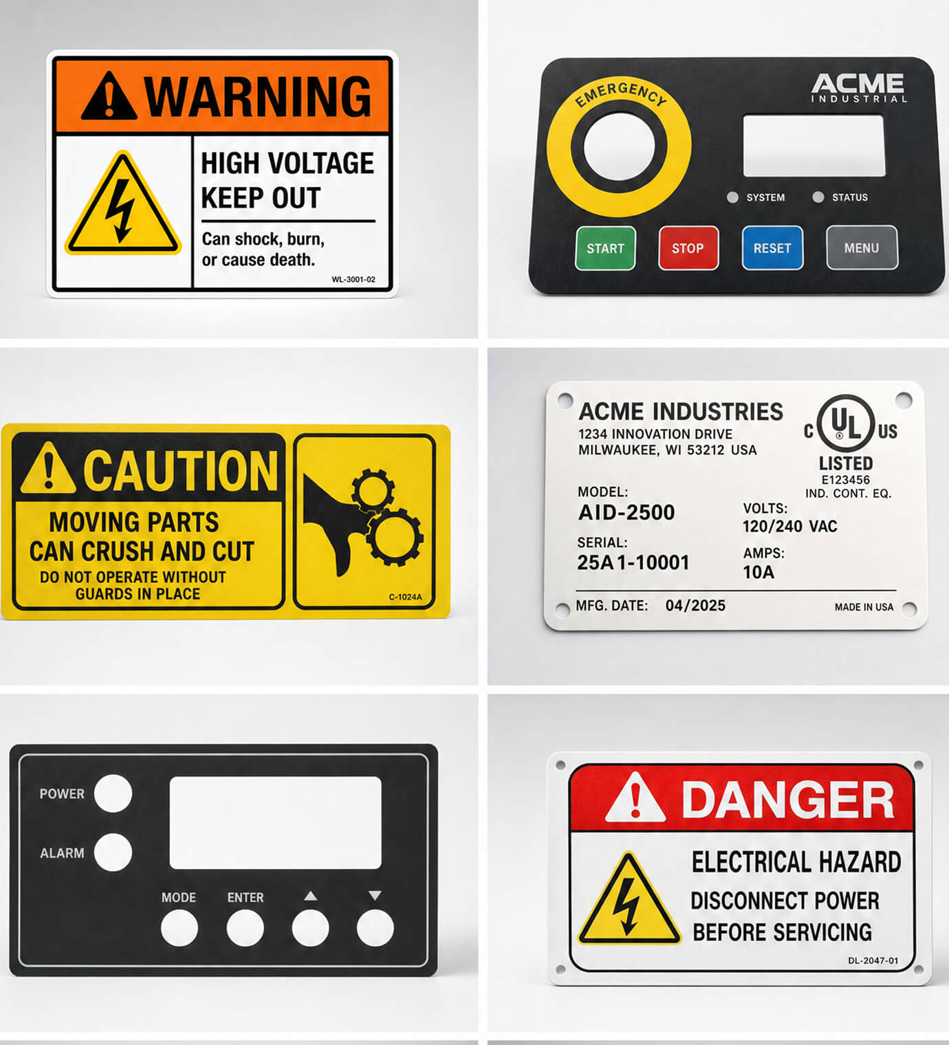 A grid of industrial safety labels, equipment nameplates, and control-panel overlays manufactured by TEC Graphics