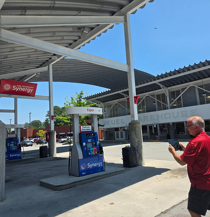 An on-site survey of an Exxon fuel-station forecourt and fuel canopy
