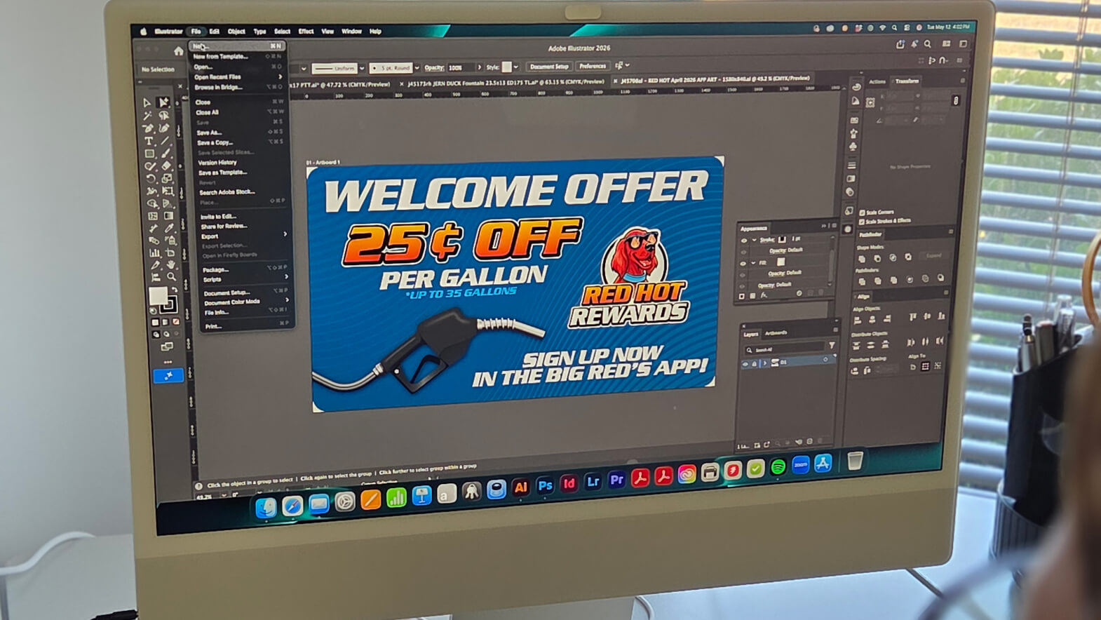 A fuel-station promotional design in progress in Adobe Illustrator