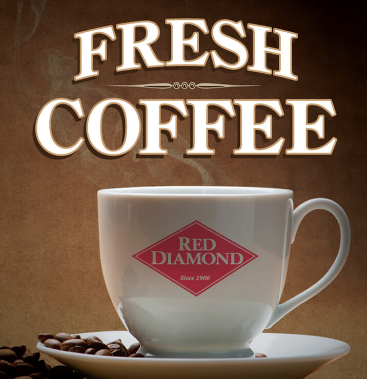 A Red Diamond 'Fresh Coffee' beverage sign proof with a coffee cup