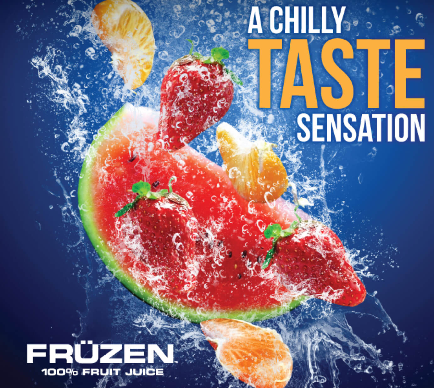 A printed product-graphic proof for FRUZEN fruit juice with fresh-fruit artwork