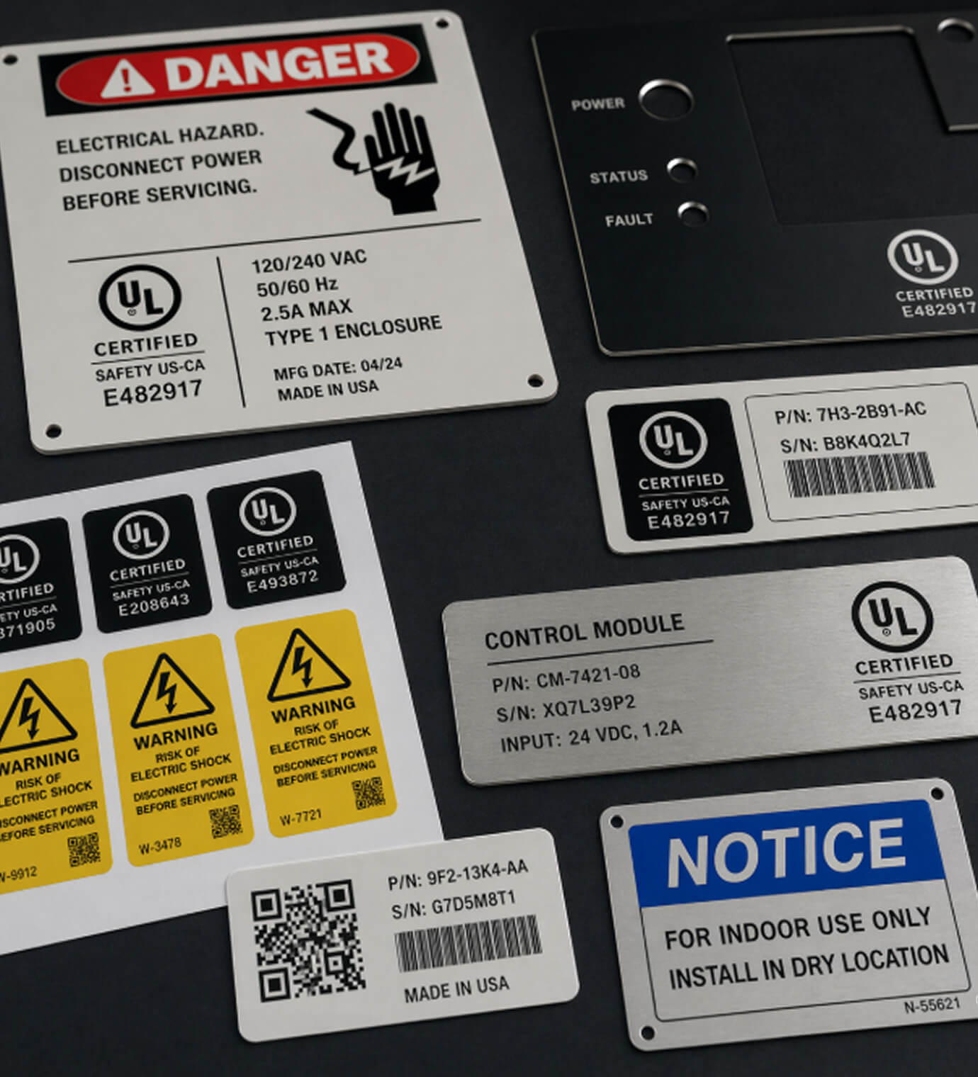 A collection of screen-printed industrial nameplates, UL labels, and safety plates