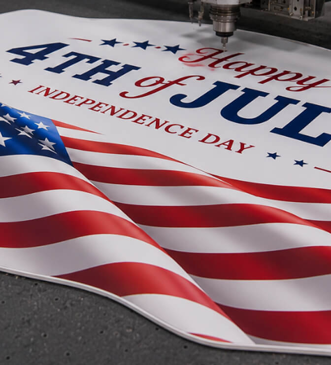 A flatbed router trimming a printed Fourth of July American-flag banner