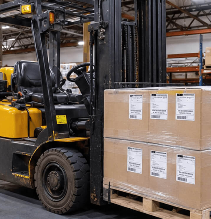 A forklift moving a pallet of labeled shipping boxes in a warehouse