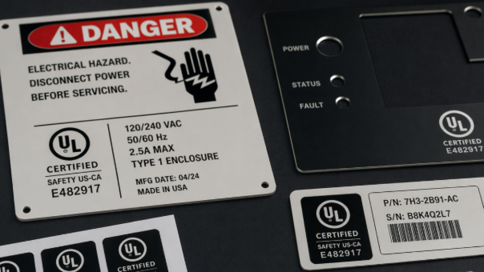 Close-up of a screen-printed Danger electrical-hazard nameplate and control-panel overlay