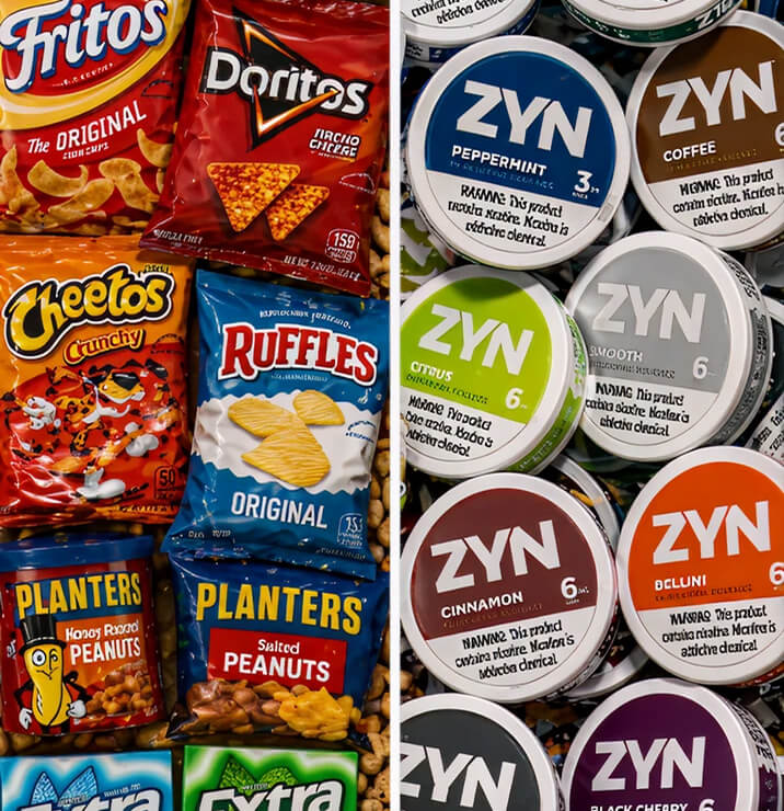 Printed retail packaging for convenience-store snacks and ZYN nicotine pouches