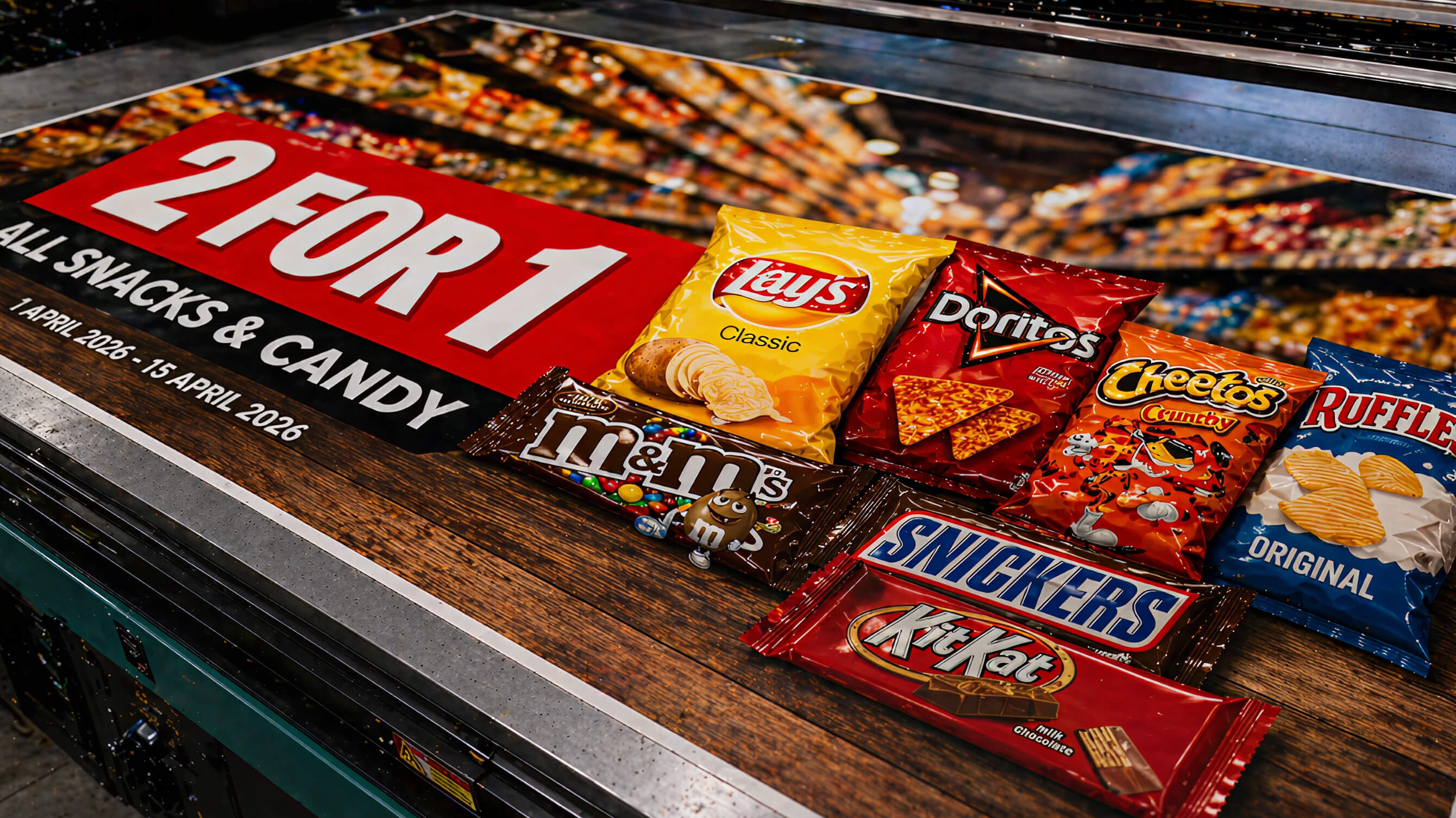 A flatbed-printed 2-for-1 snacks-and-candy retail sign with product packages on top