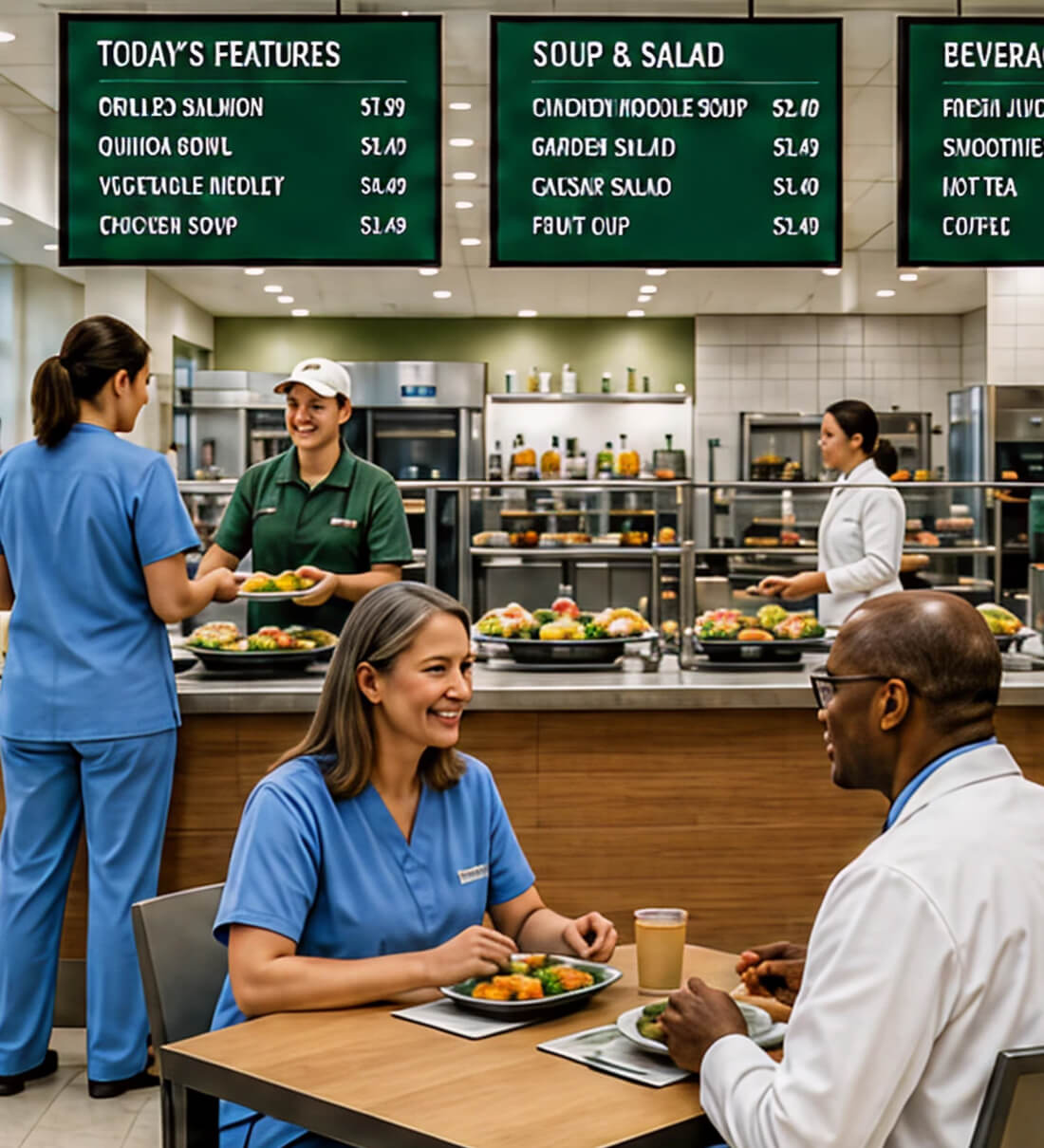 Digital menu boards above a cafeteria serving line with staff and diners