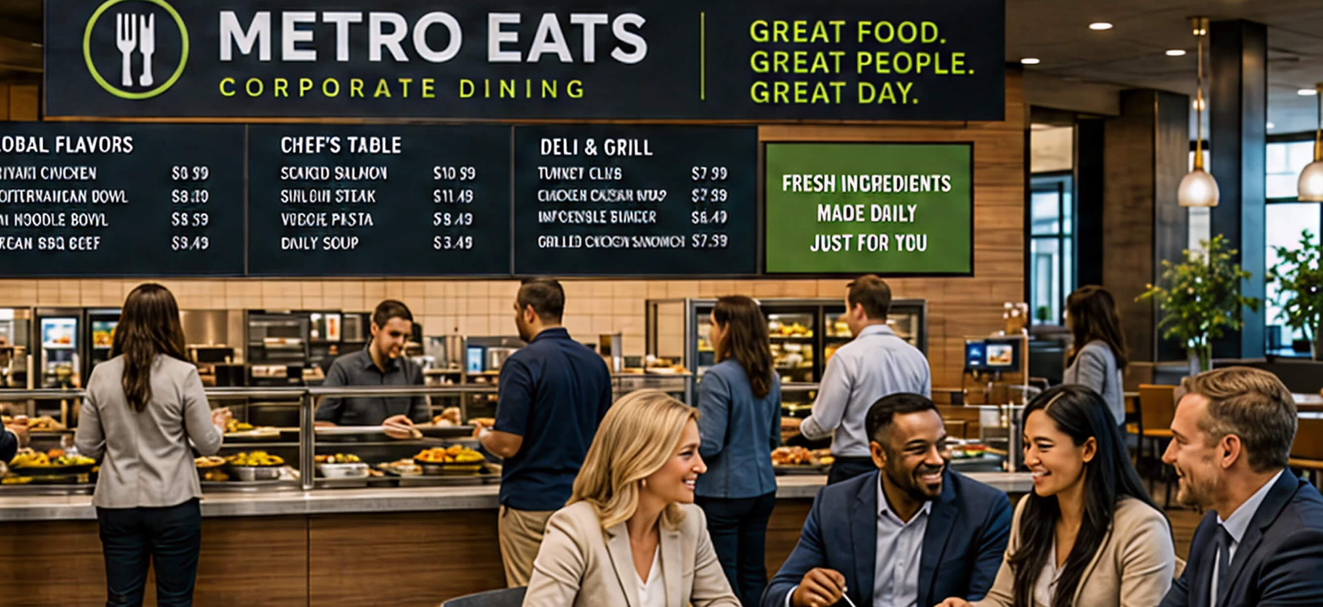 A Metro Eats corporate-dining menu-board wall above a busy cafeteria
