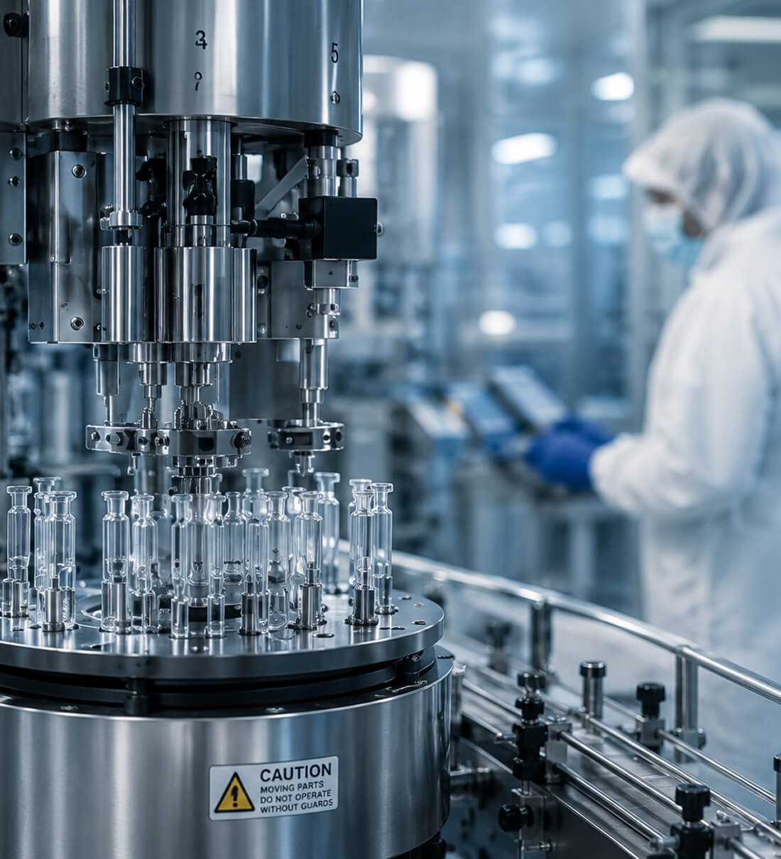 An automated vial-filling machine with a caution safety label and a cleanroom technician