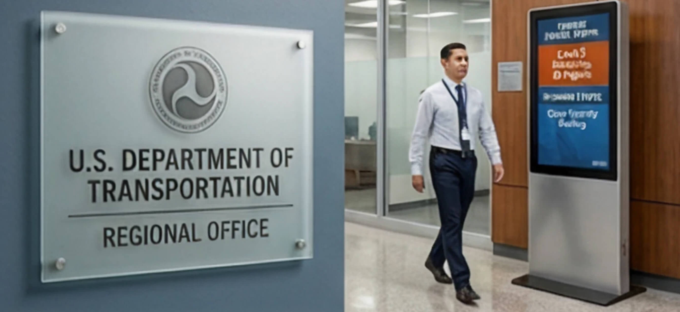 A frosted-glass U.S. Department of Transportation regional-office wall plaque