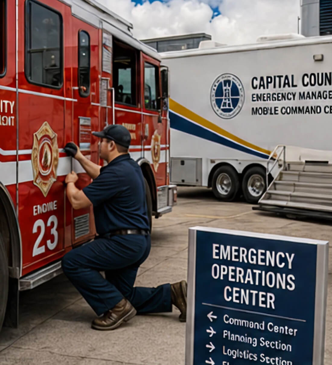 A firefighter applying graphics to a fire engine near an emergency operations center sign