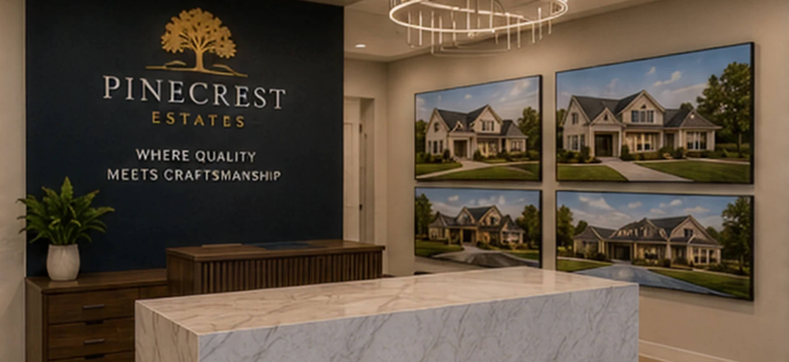 A Pinecrest Estates builder sales-office lobby with a branded wall sign and framed home photos