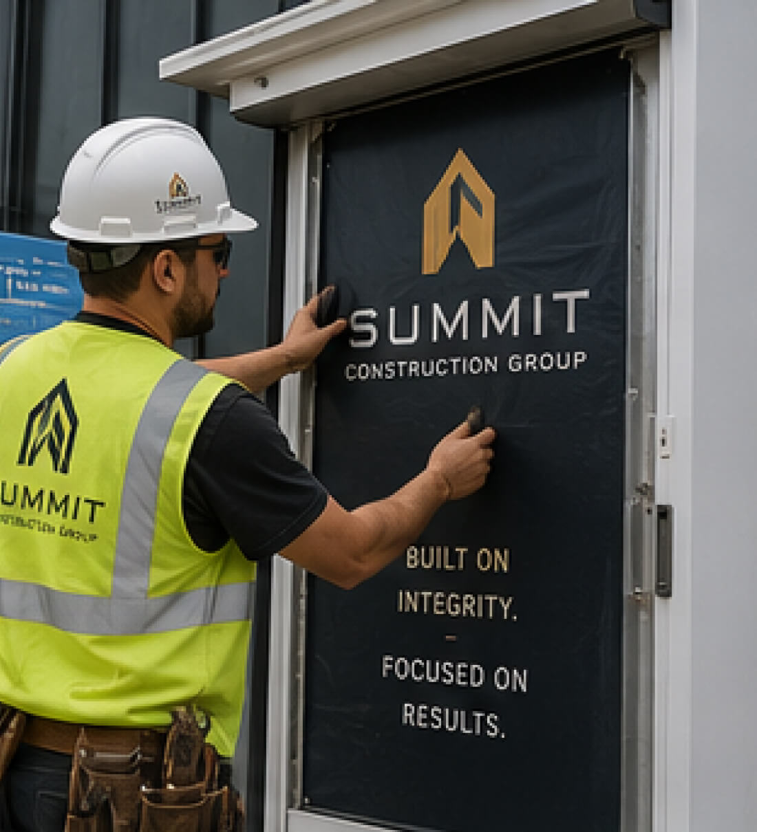 A worker applying a Summit Construction Group branded graphic to a jobsite office window