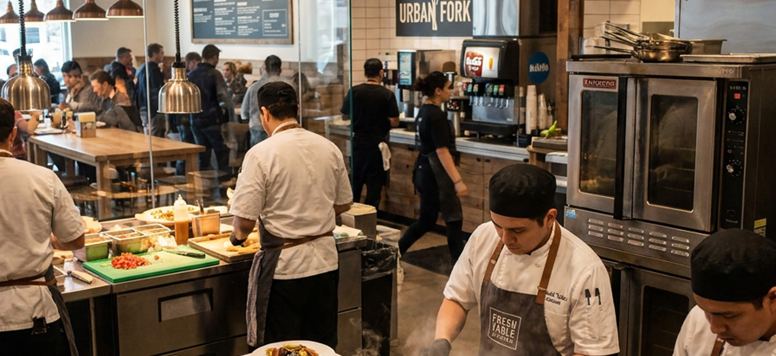 An Urban Fork restaurant open kitchen with chefs and a branded menu sign