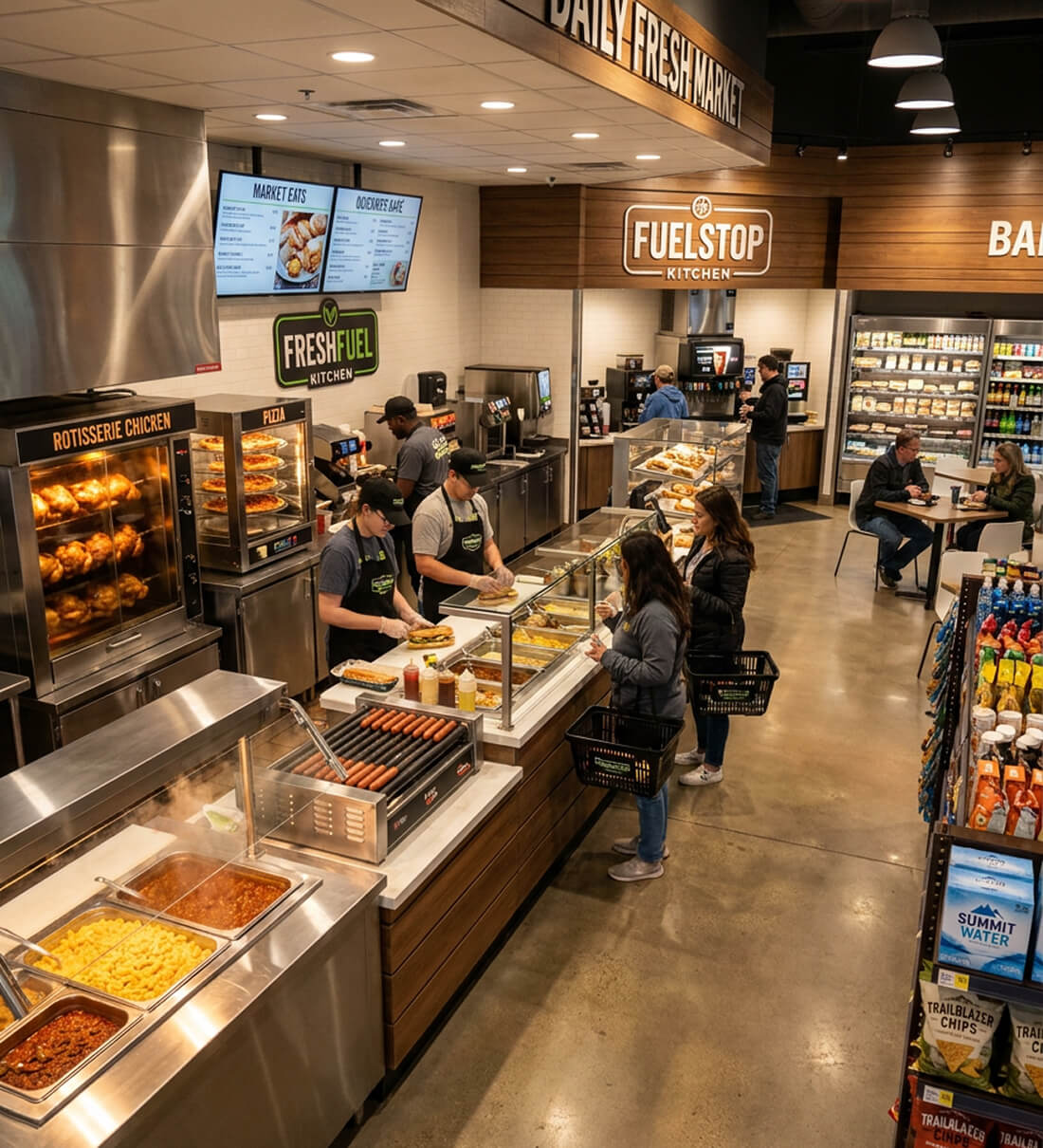 A convenience-store FuelStop Kitchen hot-food counter with branded menu signage