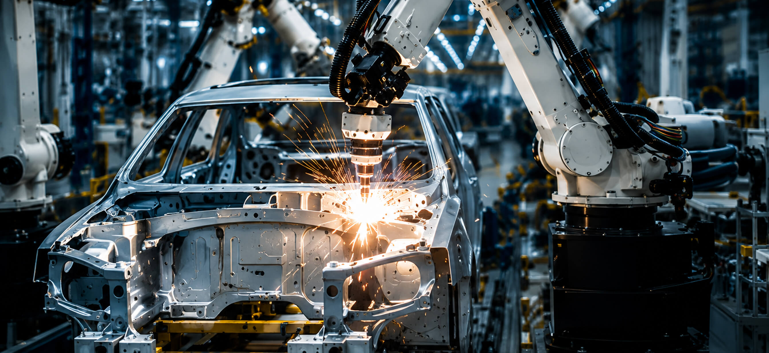 A robotic welding arm assembling a car body on an automotive production line