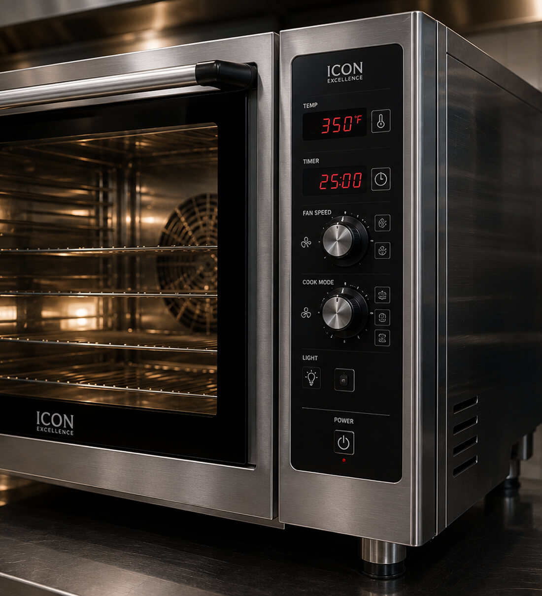 Close-up of an ICON Excellence oven control panel with printed labels and displays