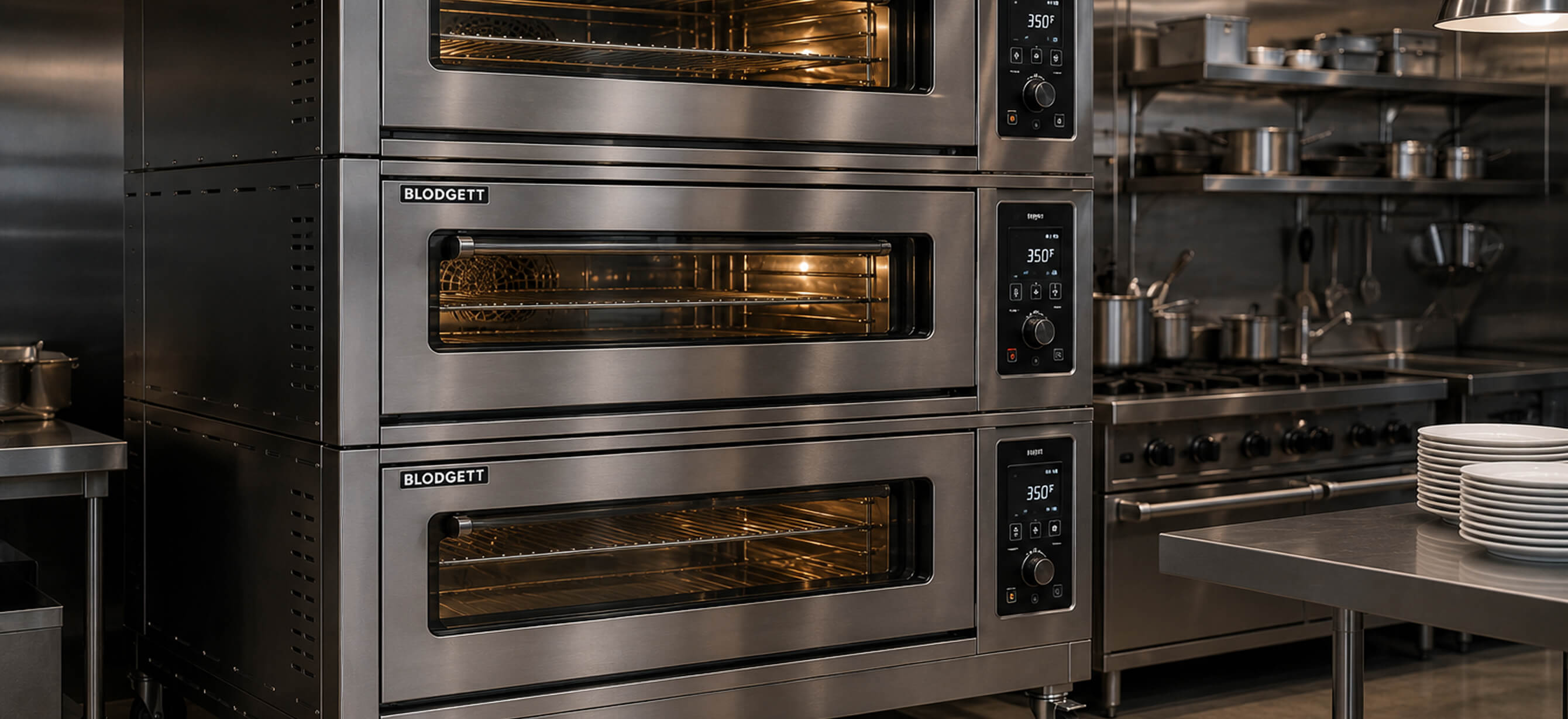 Stacked Blodgett commercial ovens with branded control-panel graphics in a kitchen
