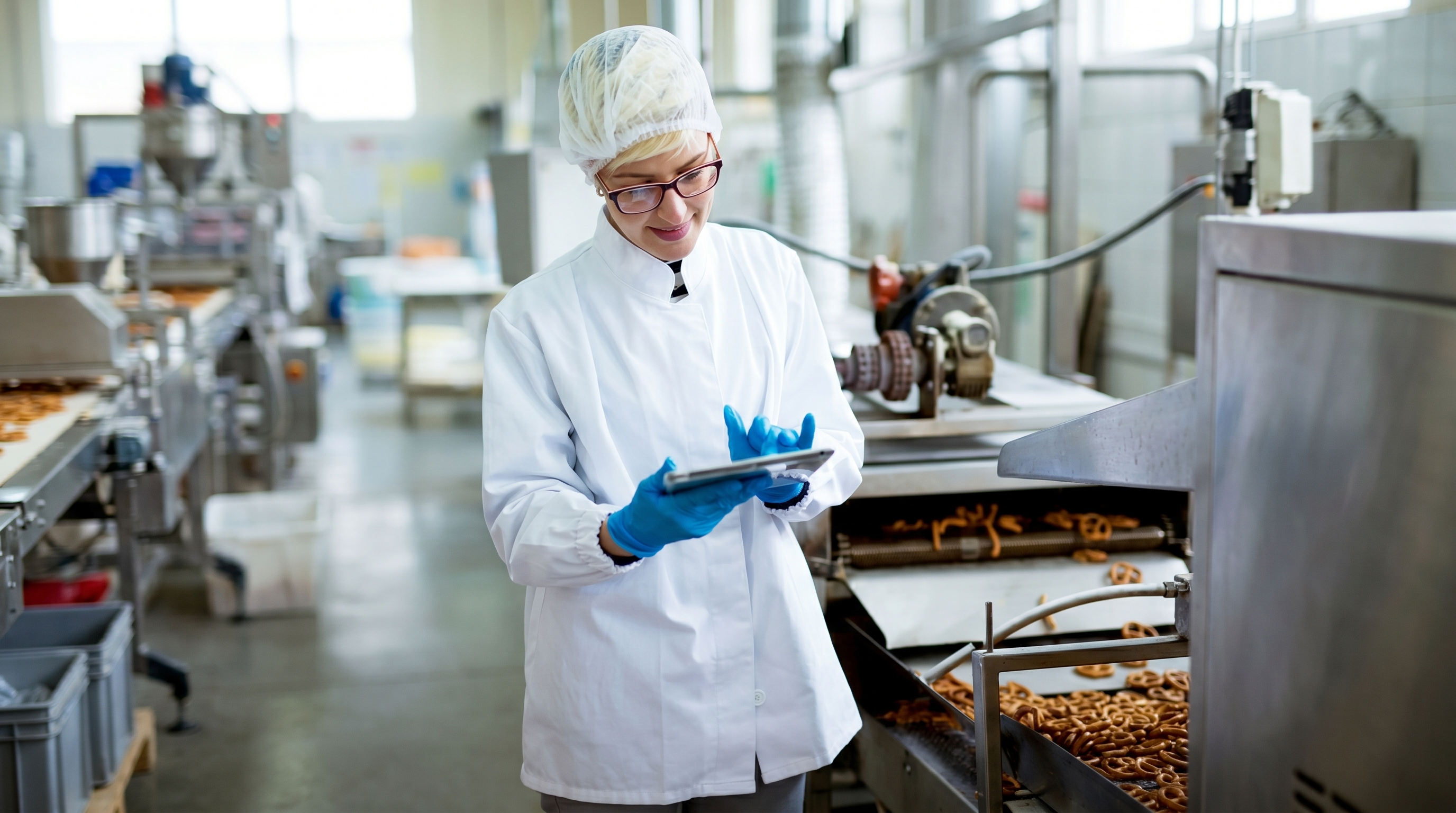 A food-manufacturing worker with a tablet beside a pretzel production line