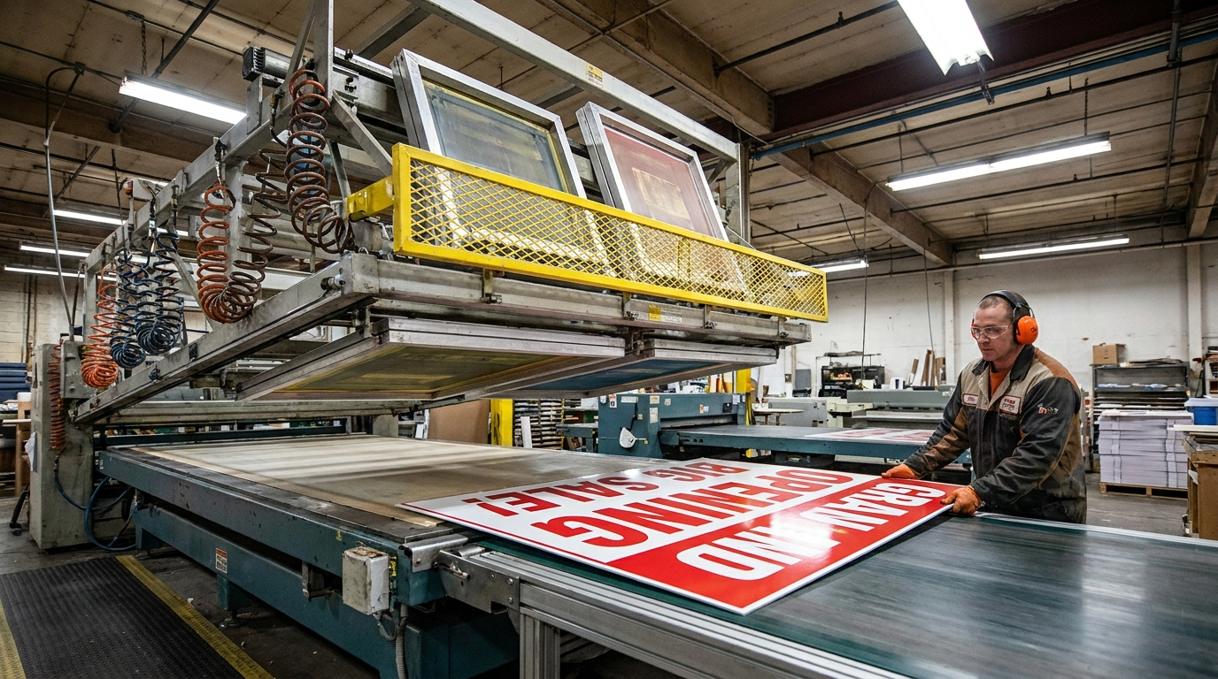 A print-shop operator pulling a freshly screen-printed sheet of red-and-white commercial signage off a large-format press.